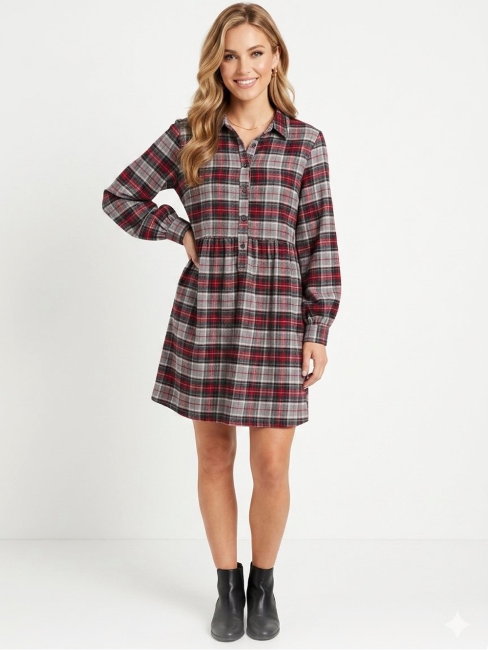 Copper Key Plaid Red Black & Grey Long-Sleeve Shirt Dress